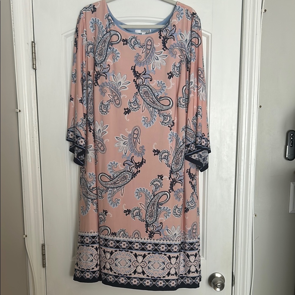Studio One Orange Pink Sheath Dress with Bishop Sleeves